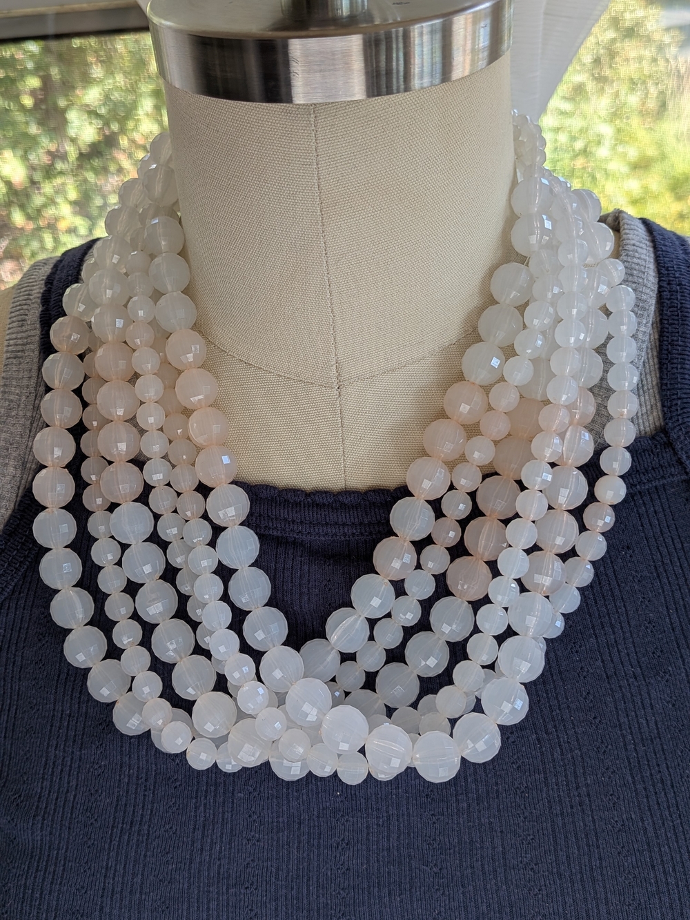 Multi Strand Off White Faceted Acrylic Bead Layered Statement Necklace